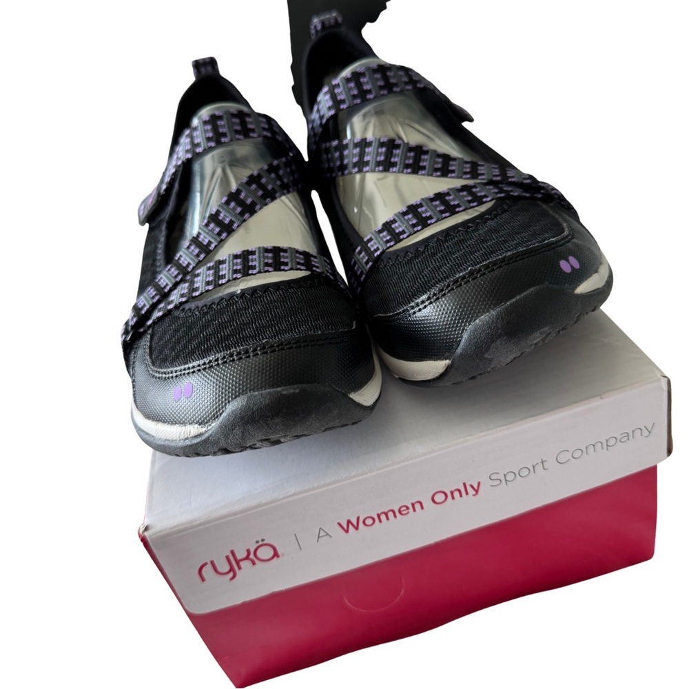 New Ryka Mary Jane Walking Shoes, Size 8, Black Purple Criss Cross Straps - Picture 11 of 11